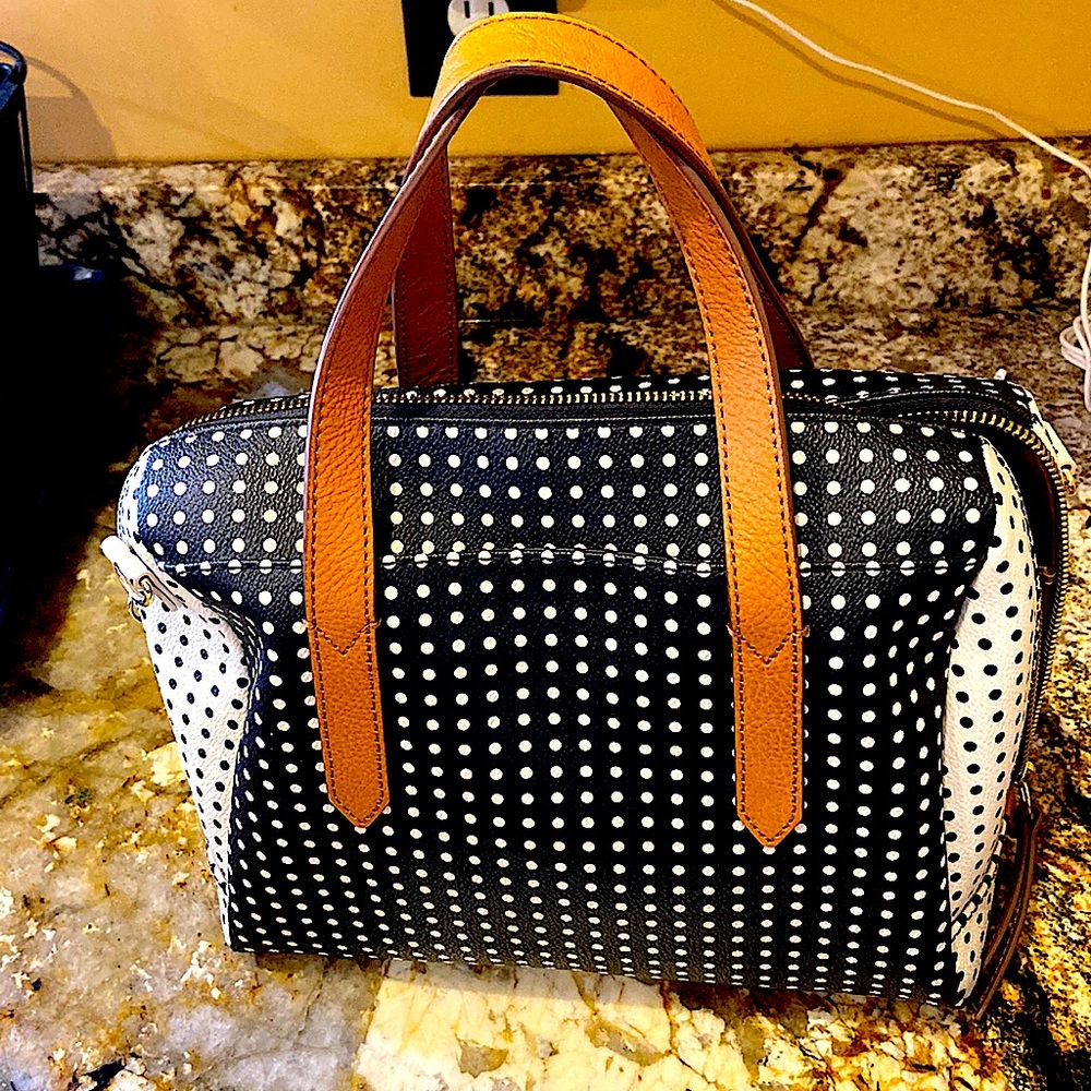 Fossil Black and white with brown leather polka dot bag NWOT Perfect Condition